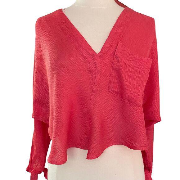 Free People XS Womens Coral V-Neck Dolman Sleeve Rayon HiLo Crop Boho Top FUN - Picture 1 of 7